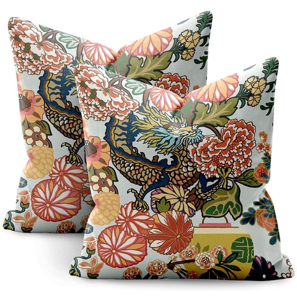 Floral Dragon Decorative Throw Pillow Covers - a Pair